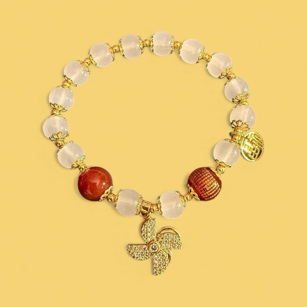 Moving Windmill Buddha Bead Bracelet - Double Happiness Charm